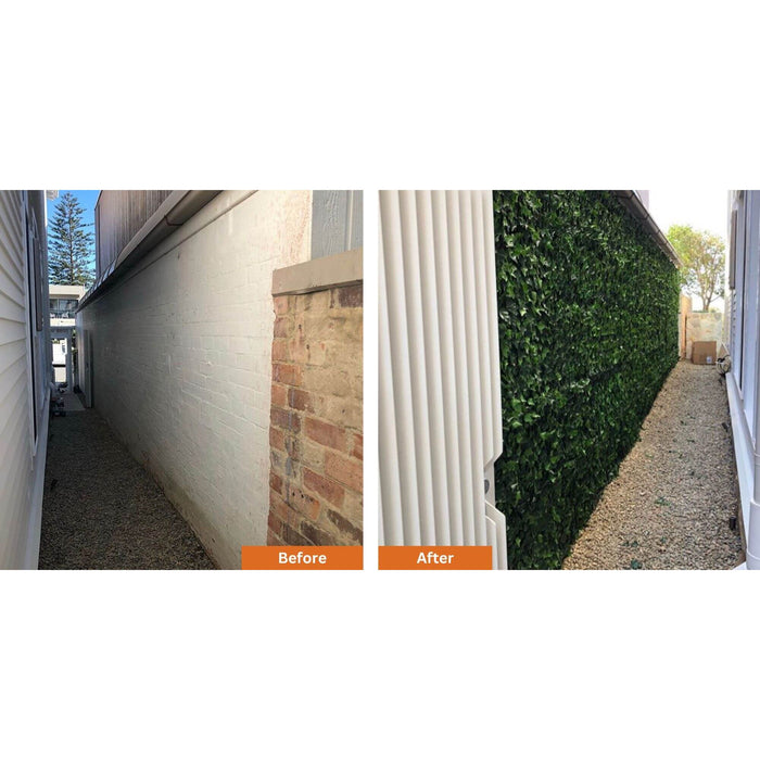 Artificial Boston Ivy Panel Before and After Green Wall on a Brick Fence