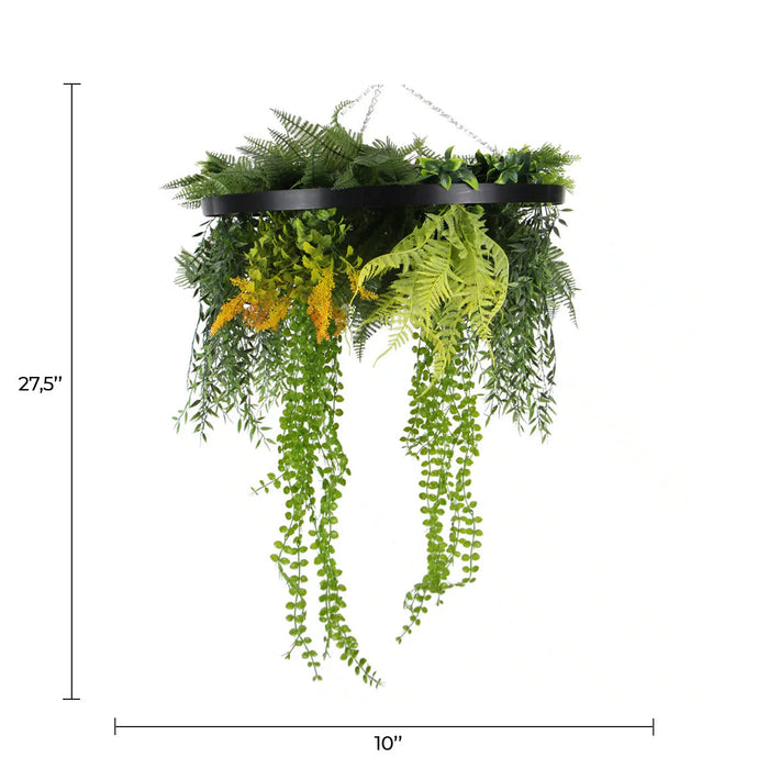 Designer Plants Black Framed Roof Hanging Disc With Draping Faux Plants 24"