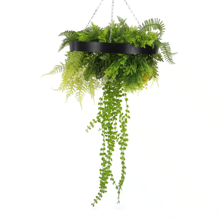 Designer Plants Black Framed Roof Hanging Disc With Draping Faux Plants 15.5"