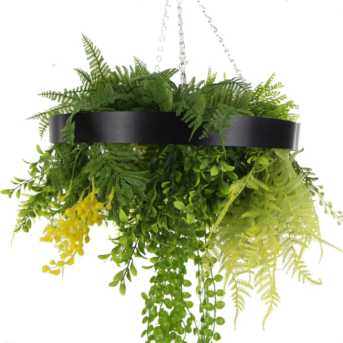 Designer Plants Black Framed Roof Hanging Disc With Draping Faux Plants 15.5"