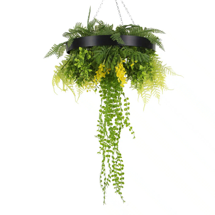 Designer Plants Black Framed Roof Hanging Disc With Draping Faux Plants 15.5"