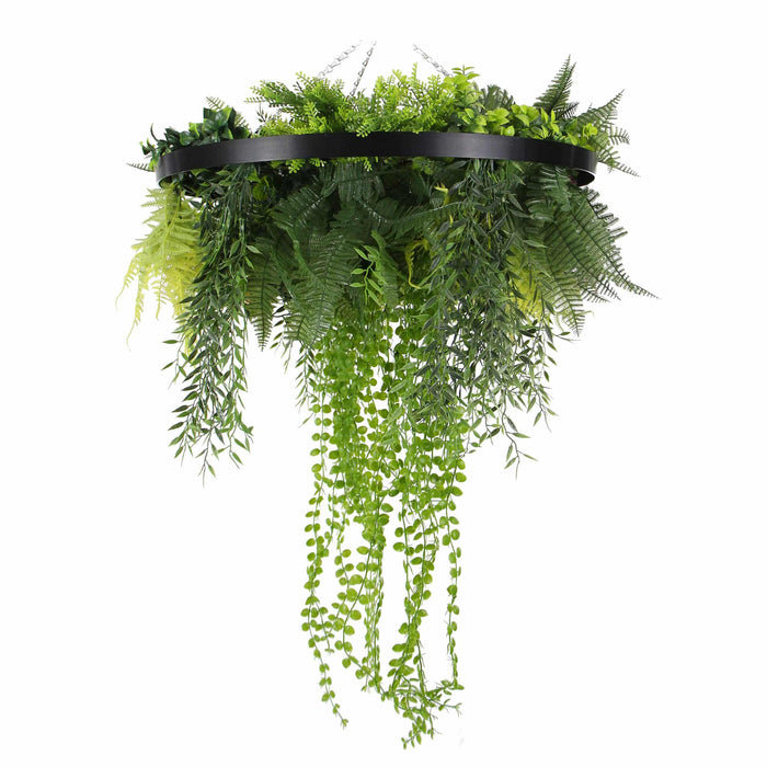 Designer Plants Black Framed Roof Hanging Disc With Draping Faux Plants 24"