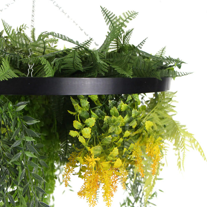Designer Plants Black Framed Roof Hanging Disc With Draping Faux Plants 24"