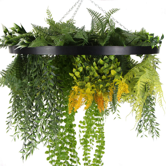 Designer Plants Black Framed Roof Hanging Disc With Draping Faux Plants 24"