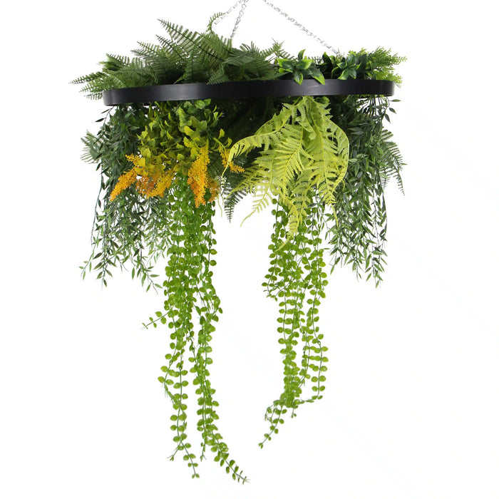 Designer Plants Black Framed Roof Hanging Disc With Draping Faux Plants 24"