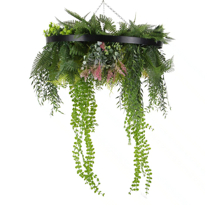 Designer Plants Black Framed Roof Hanging Disc With Draping Faux Plants 24"