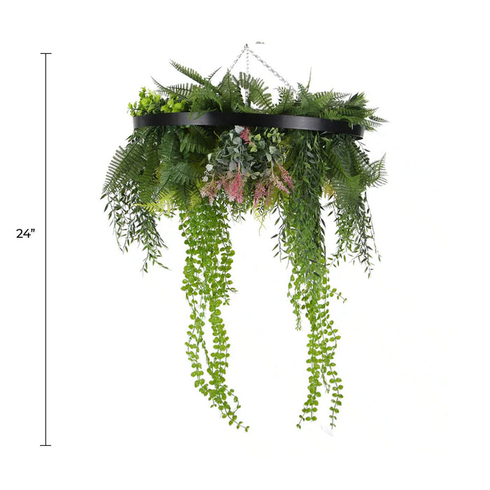 Designer Plants Black Framed Roof Hanging Disc With Draping Faux Plants 24"