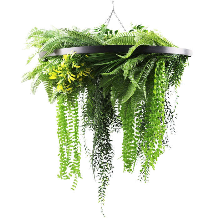 Designer Plants Black Framed Roof Hanging Disc With Draping Life-Like Ferns and Plants 31.5" UV Resistant