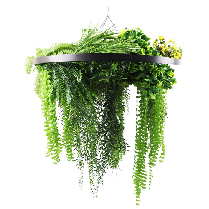 Designer Plants Black Framed Roof Hanging Disc With Draping Life-Like Ferns and Plants 31.5" UV Resistant