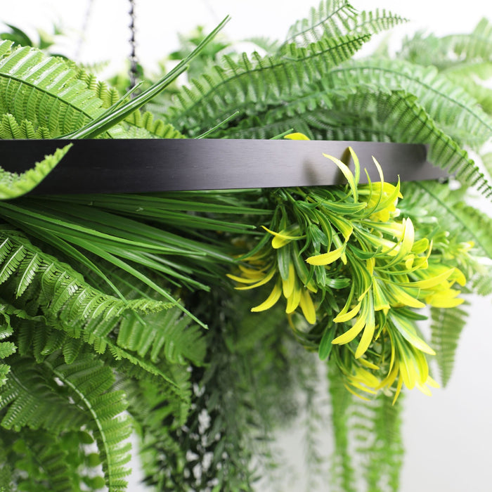 Designer Plants Black Framed Roof Hanging Disc With Draping Life-Like Ferns and Plants 31.5" UV Resistant