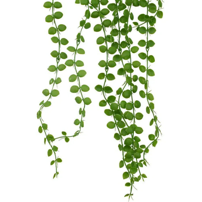 Artificial hanging beads, lush green strands.
