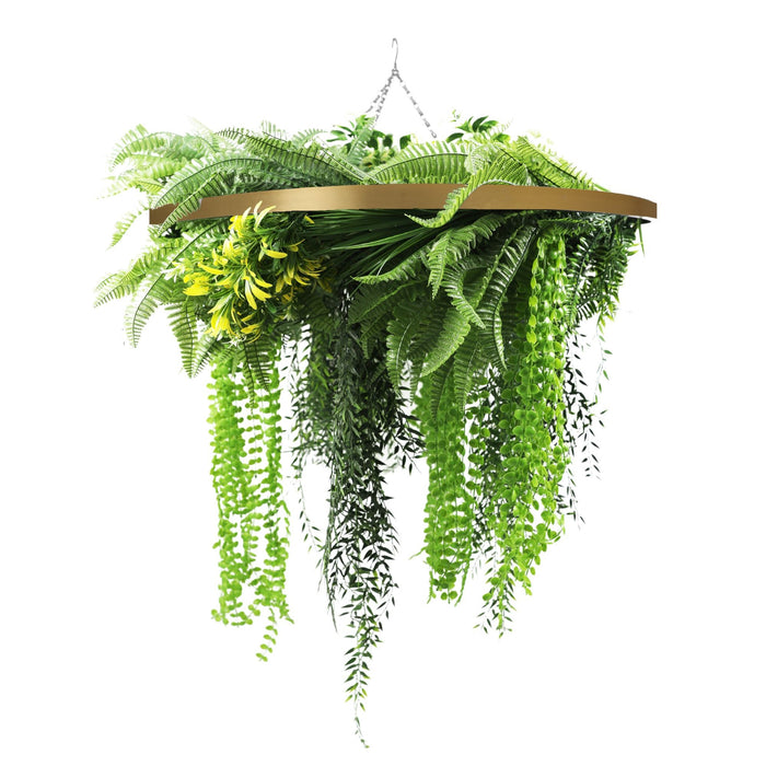 Designer Plants Gold Framed Roof Hanging Disc With Draping Life-Like Ferns and Plants 31.5" UV Resistant