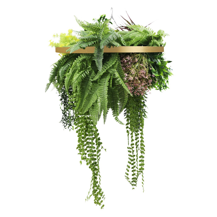 Designer Plants Gold Framed Roof Hanging Disc With Tropical Foliage Mix and Draping Stems 23.5" UV Resistant