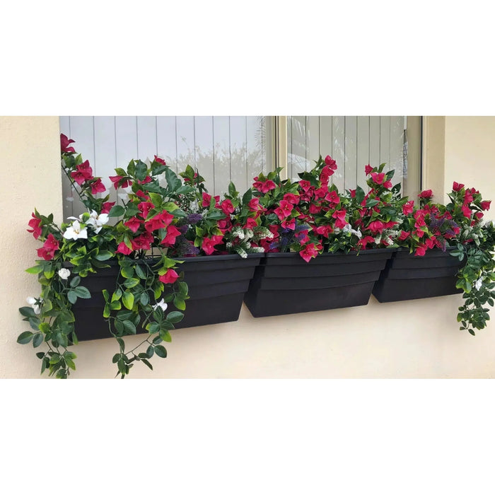 A black window box adorned with (5 Pieces) Vibrant Pink Hanging Artificial Bougainvillea Plant, UV Resistant 35" faux flowers.