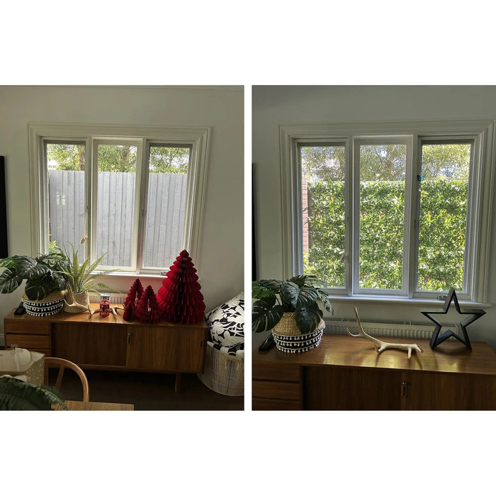 Plant wall panel installed along a fence before and after
