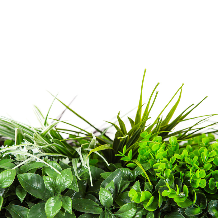 High quality artificial green wall panel with ferns and red grasses along with faux jasmine leaves