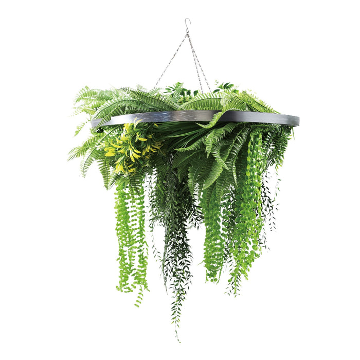 Silver Framed Roof Hanging Disc With Draping Life-Like Ferns and Plants 31.5" UV Resistant