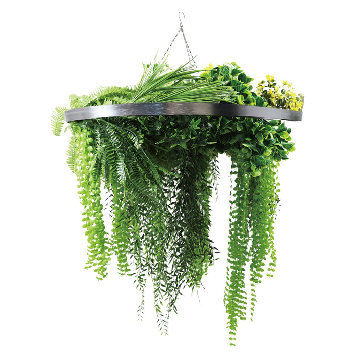 Silver Framed Roof Hanging Disc With Draping Life-Like Ferns and Plants 31.5" UV Resistant