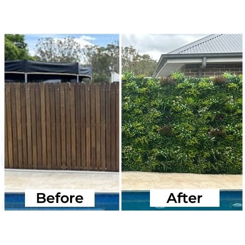 A before and after picture of a fence transformed with the Ultra-Luxury Lush Spring Artificial Vertical Garden Green Wall featuring UV protection technology.