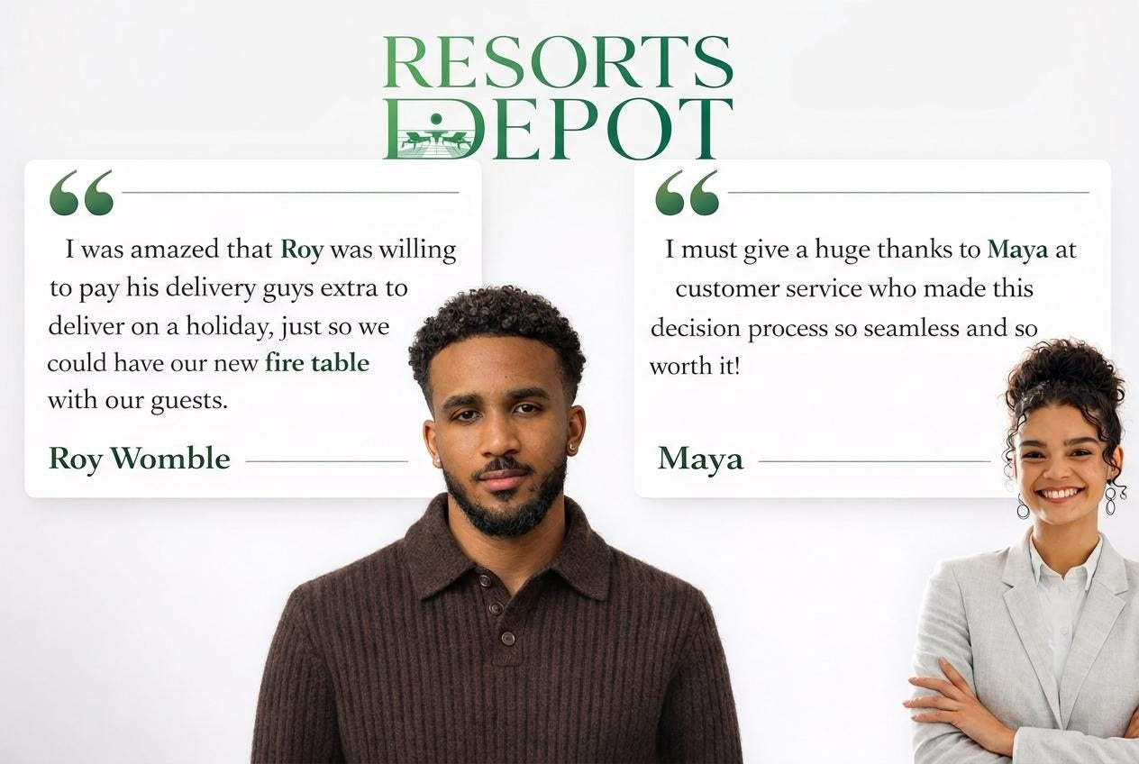 Customers thanking Roy and Maya on the Resorts Depot team