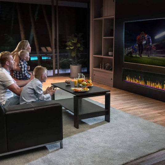 Modern Flames Orion V2 Slim electric fireplace installed below a TV in a modern living room