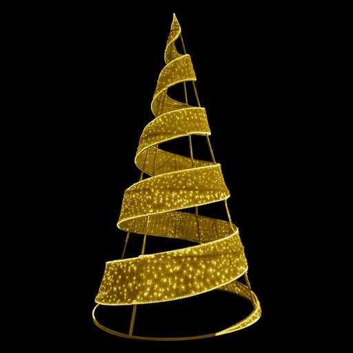 Decorative gold spiral tree with LED lights on a black background