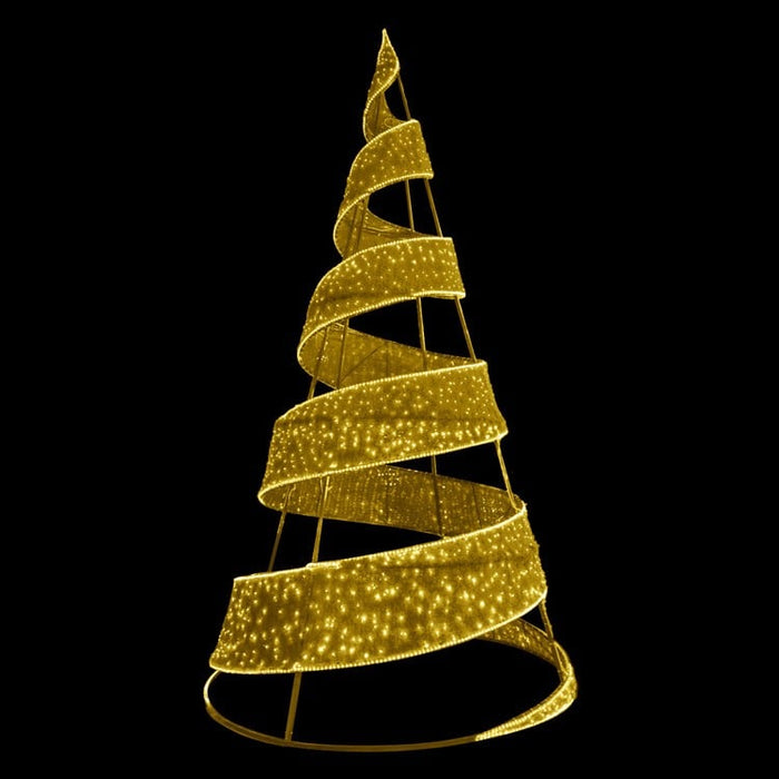 Decorative gold spiral tree with LED lights on a black background