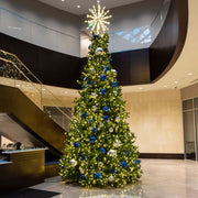 Decorated Commercial Christmas tree with blue and silver ornaments in a modern building interior.