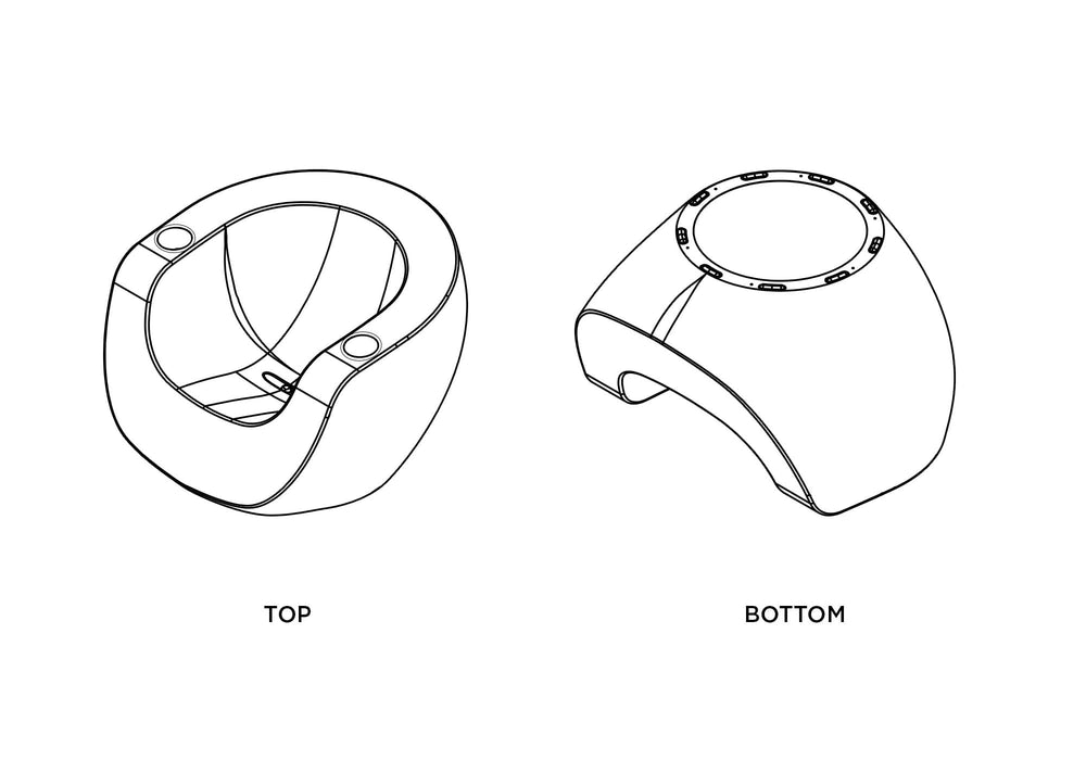 Line drawings of TenJam Moon Chair from top and bottom perspectives on a white background