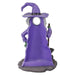 Back view of Purple witch figurine photo op with a broom on a white background