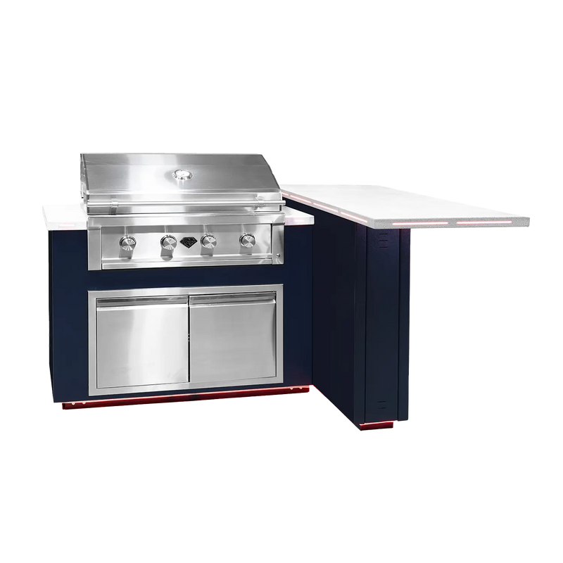 The Outdoor Plus Alta 72" Complete L-Shaped BBQ Island with LED Lights & Surround Sound System