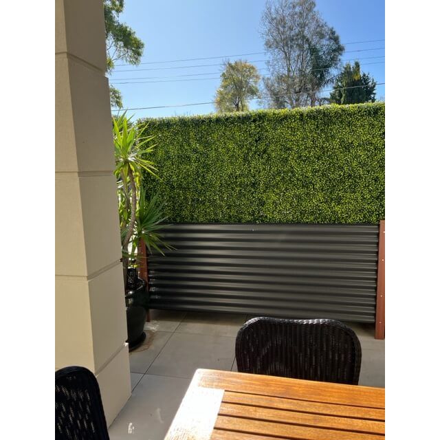 Large Artificial Boxwood Hedge for Privacy Screening With Planters Made of Timber and Metal