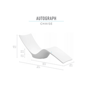 A white Autograph Chaise by Ledge Lounger on a white background with specification measurements labeled and drawn on
