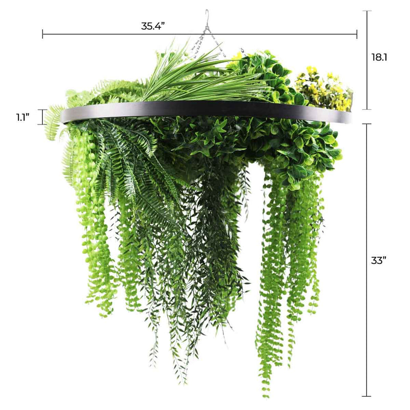 Black Framed Roof Hanging Disc With Draping Life-Like Ferns and Plants UV Resistant Large