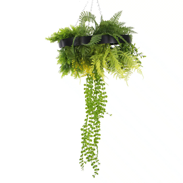 Designer Plants Black Framed Roof Hanging Disc With Draping Faux Plants 15.5"