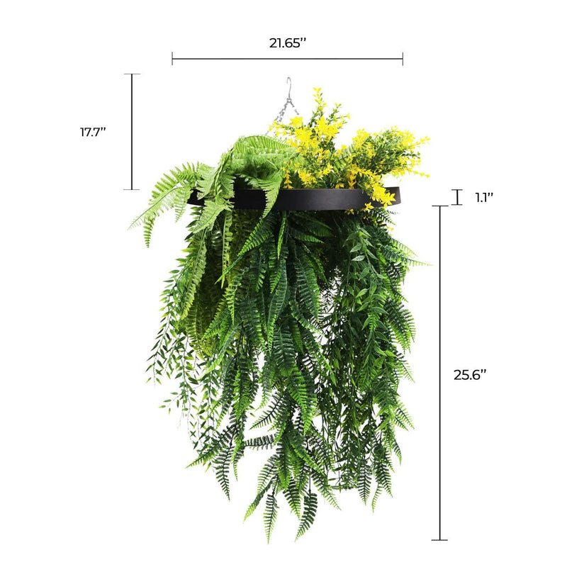 Black Framed Hanging Disc with Bright Tropical Foliage and Draping Ferns UV Resistant Small