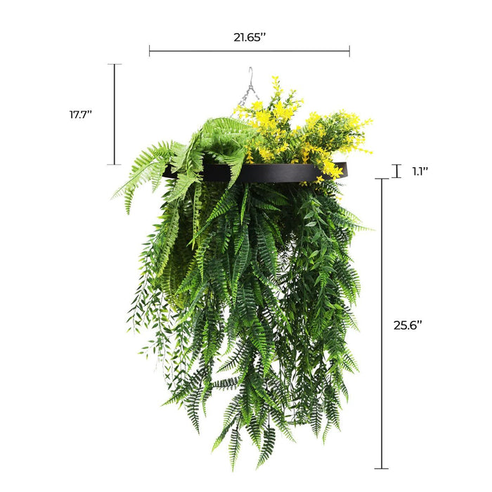 Black Framed Hanging Disc with Bright Tropical Foliage and Draping Ferns UV Resistant Small