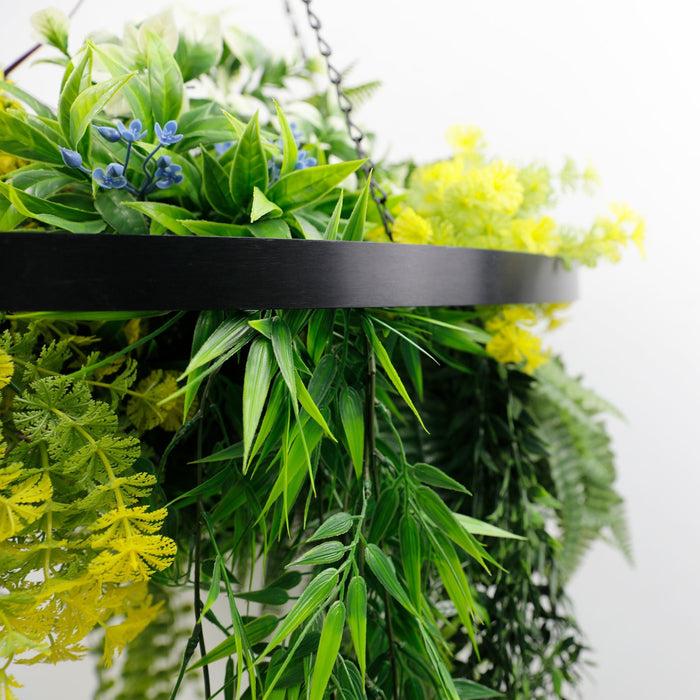 Designer Plants Black Framed Roof Hanging Disc With Tropical Foliage Mix and Draping Stems 23.5" UV Resistant