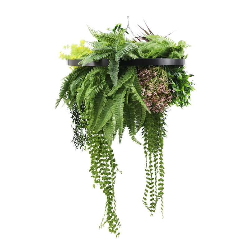 Black Framed Roof Hanging Disc With Tropical Foliage Mix and Draping Stems UV Resistant Medium