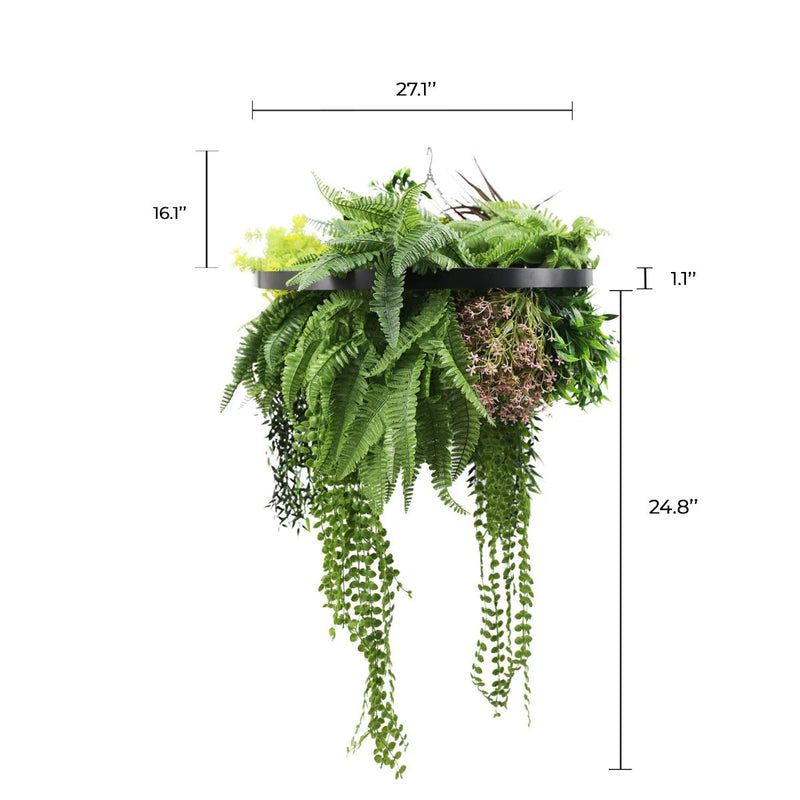 Black Framed Roof Hanging Disc With Tropical Foliage Mix and Draping Stems UV Resistant Medium