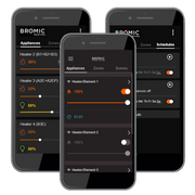 Three smartphones displaying the Bromic Heating app on a white background
