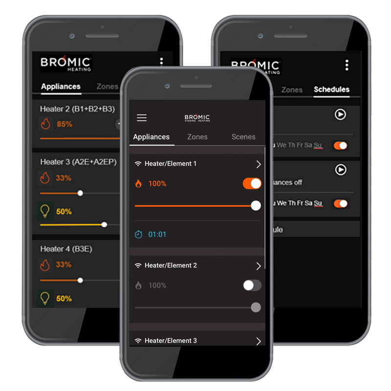 Three smartphones displaying the Bromic Heating app on a white background