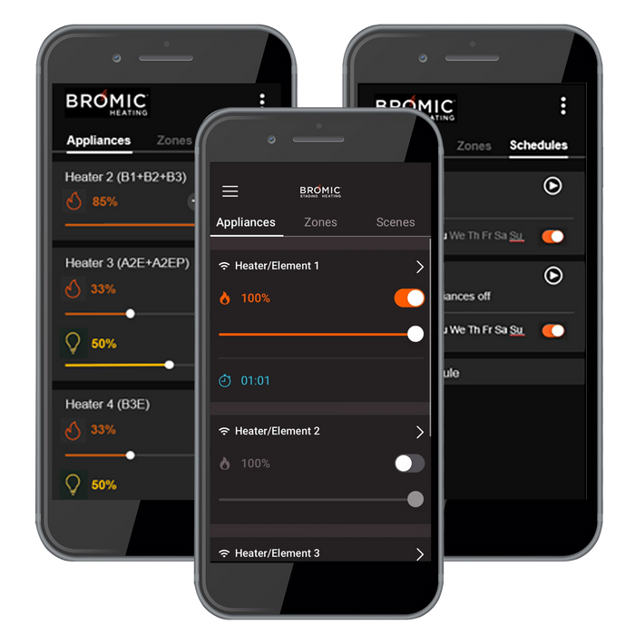 Three smartphones displaying the Bromic Heating app on a white background