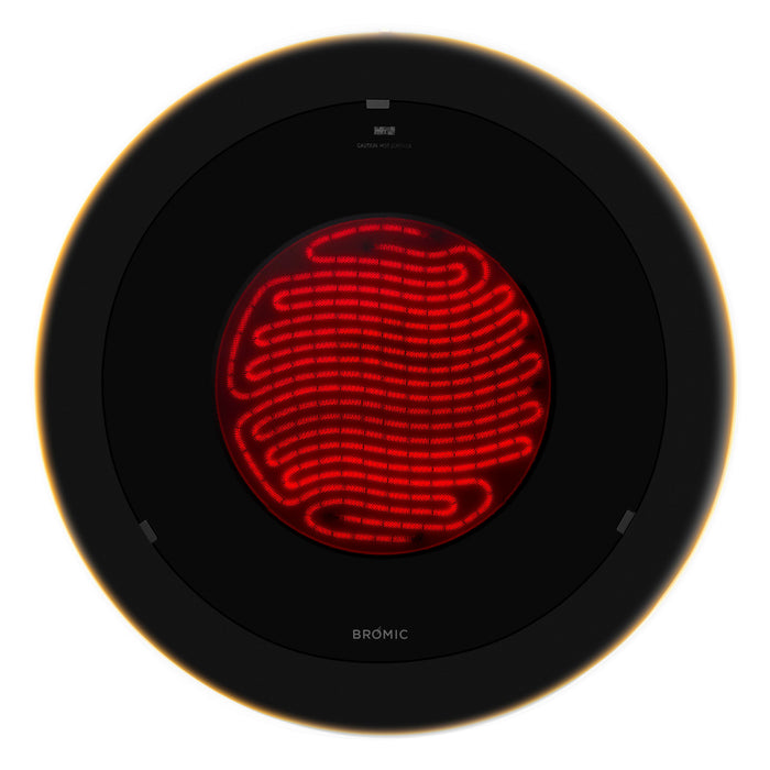 Round black electric Bromic Eclipse Portable top with red heating element on a white background