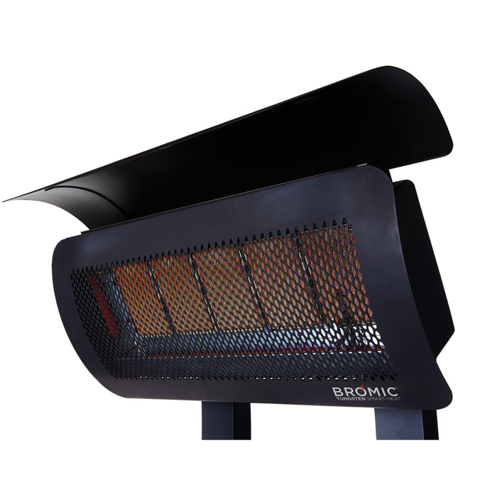 Closeup of black outdoor heater with mesh design on a white background, featuring the Bromic brand.