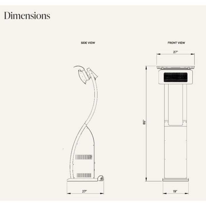Technical drawing of a Bromic Tungsten Portable Heater with dimensions labeled