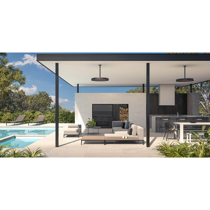 Bromic Eclipse Heaters ceiling mounted to pergola in Modern outdoor patio with pool and dining furniture