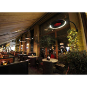 Exterior of a restaurant with tables, chairs, and decorative lighting from the Bromic Eclipse Heaters.