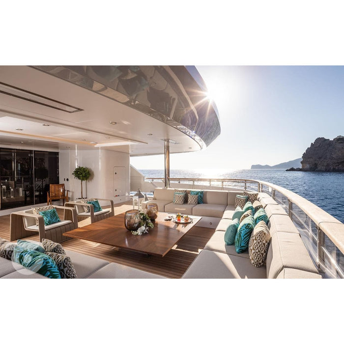 Luxury yacht interior with seating area and ocean view
