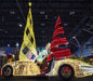 Decorative Christmas display with illuminated trees and car in a indoor setting